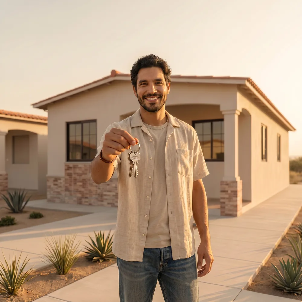 Pareja feliz recibiendo las llaves de su casa Provivir